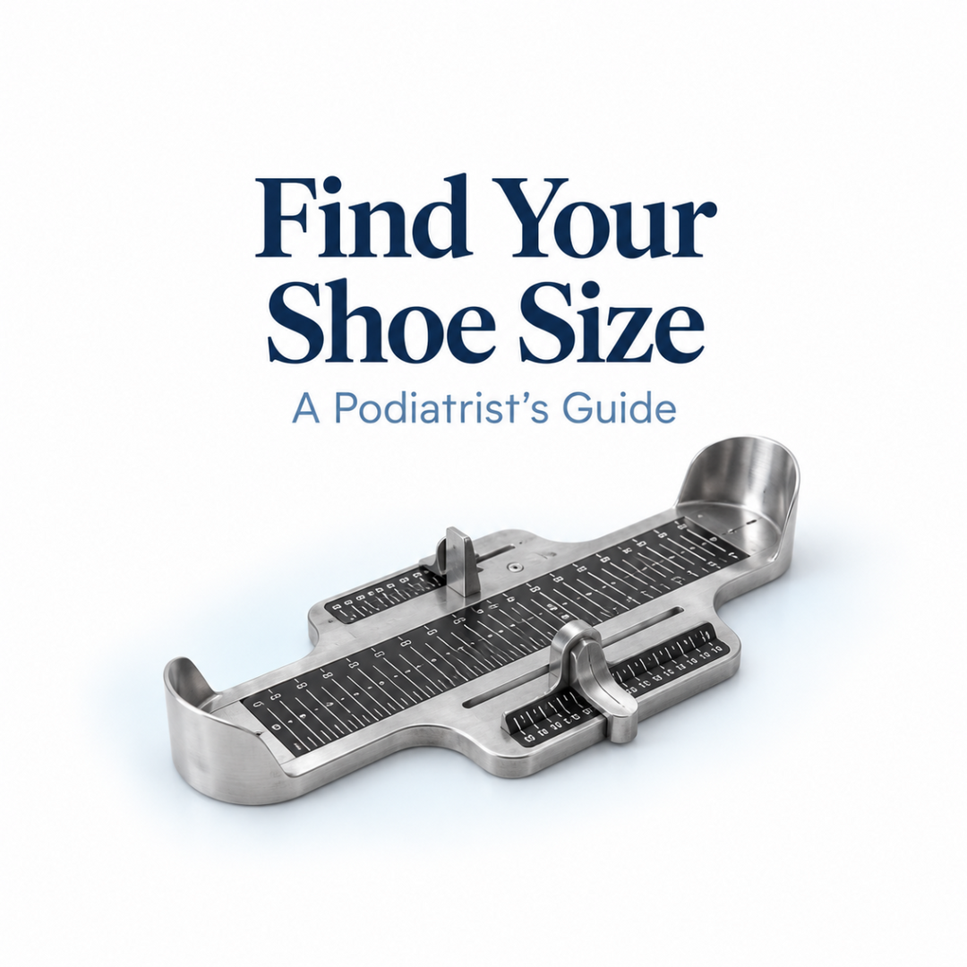 Brannock-style foot measuring device beneath the heading “Find Your Shoe Size: A Podiatrist’s Guide”, on a white background with blue accents.