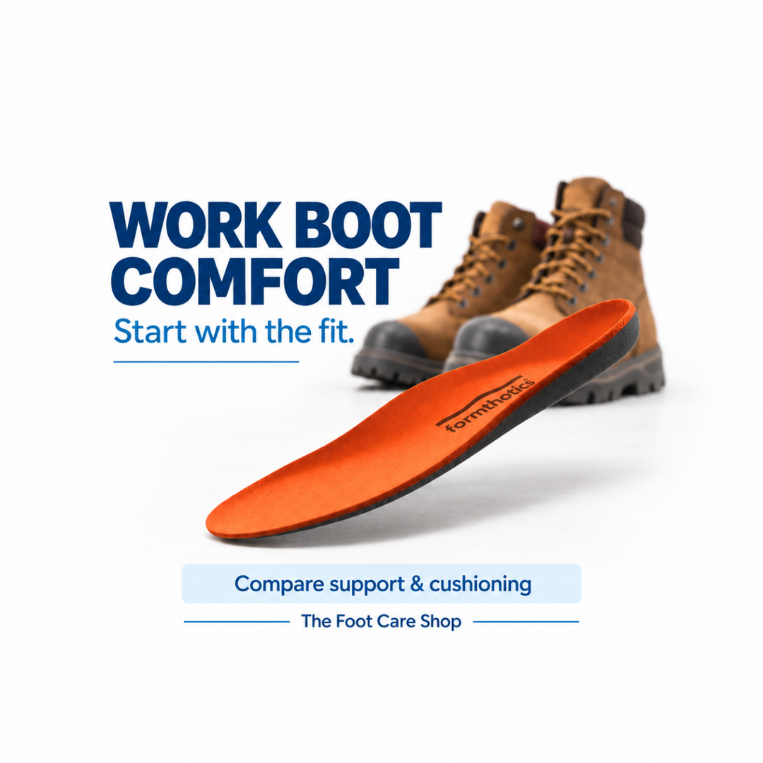 Orange Formthotics Workfit insole in front of work boots, with text encouraging readers to compare support and cushioning.