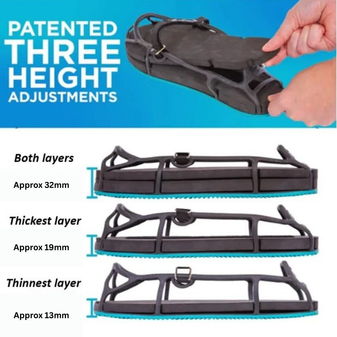Three-layer adjustable shoe lift with height measurements on a blue background
