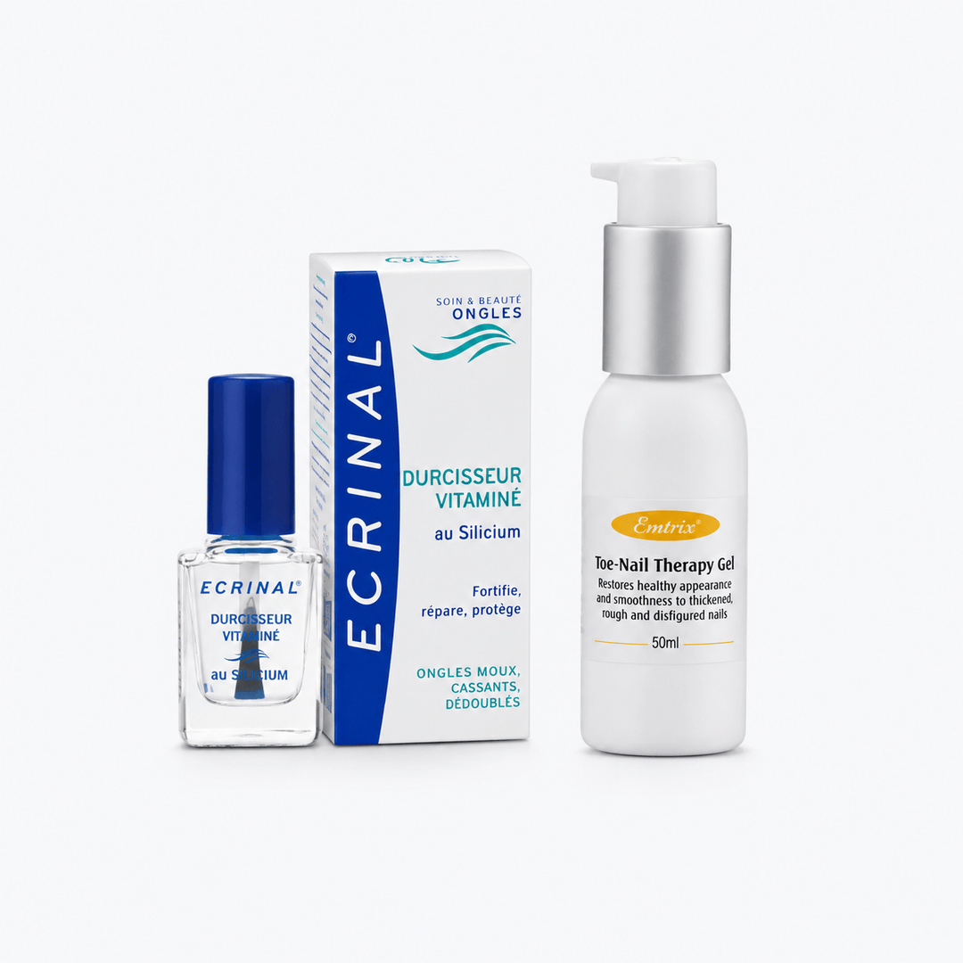 A skincare set from Ecrinal containing a nail treatment bottle with a blue cap, its white and blue packaging box, and a white pump bottle of nail therapy gel, all on a clean white background. The Foot care shop
