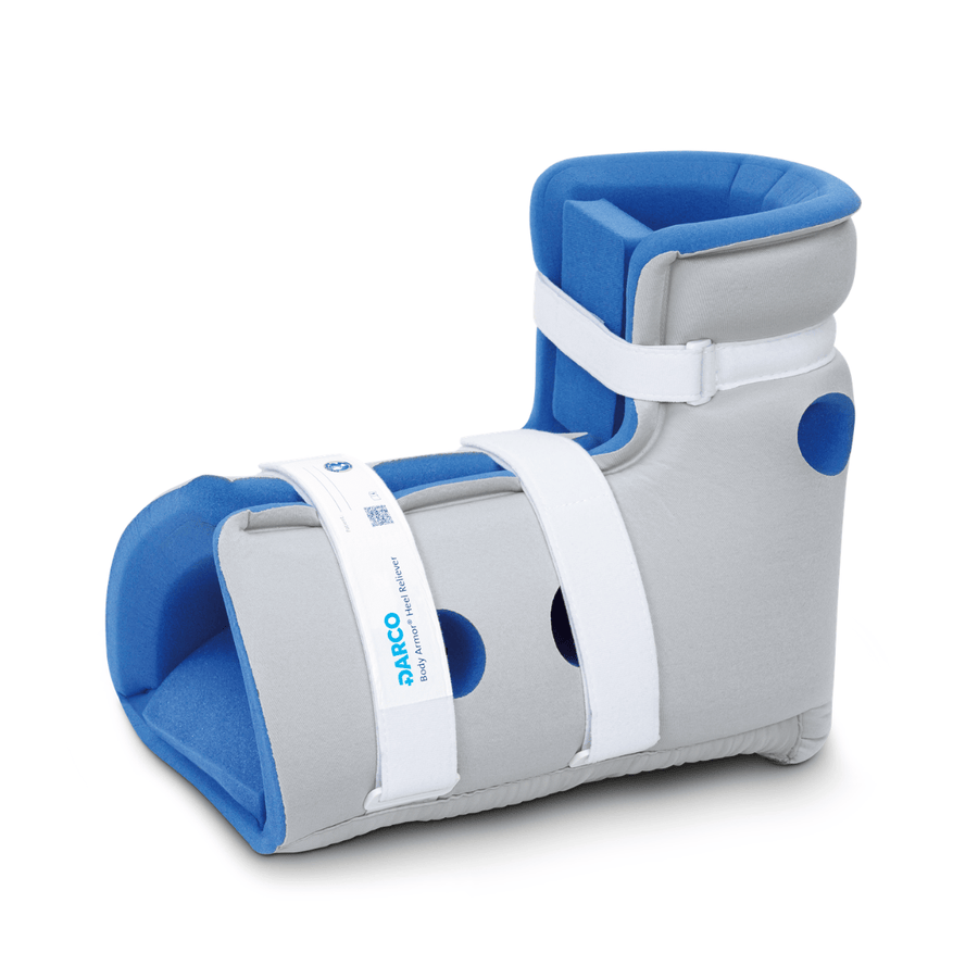 A DARCO body armour pressure relief heel boot in gray and blue with white straps, shown on a clean white background.