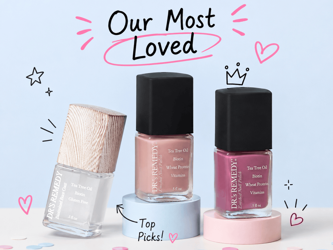 Three bottles of Dr. Remedy Tea Tree Oil Botox nail polish displayed on pastel pedestals with hand-drawn-style graphics and the text 'Our Most Loved' and 'Top Picks!' on a light blue background.
