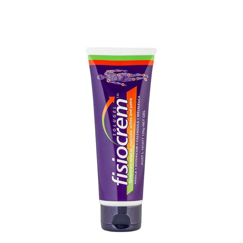 Purple tube of Fisiocrem gel on a white background