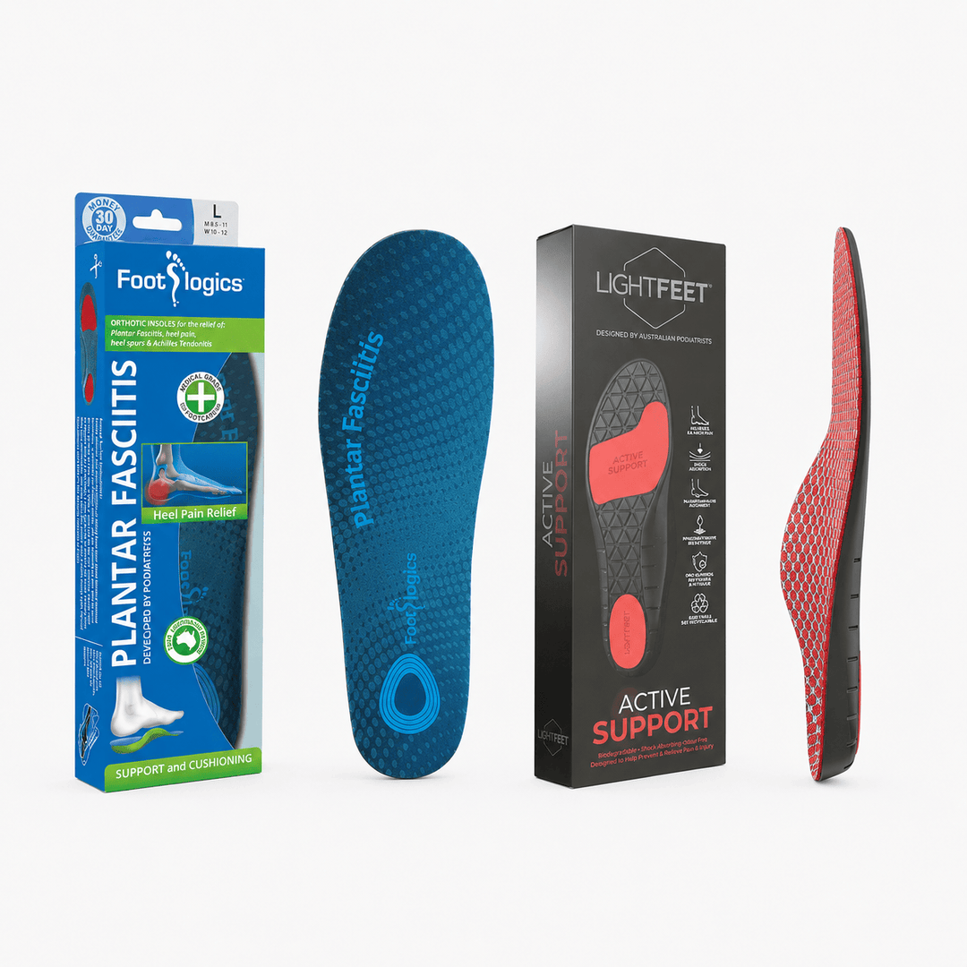 Two orthopedic foot insoles and their retail packaging shown on a light gray background. On the left is Footlogics Plantar Fascitis packaging with a blue insole visible beside it.