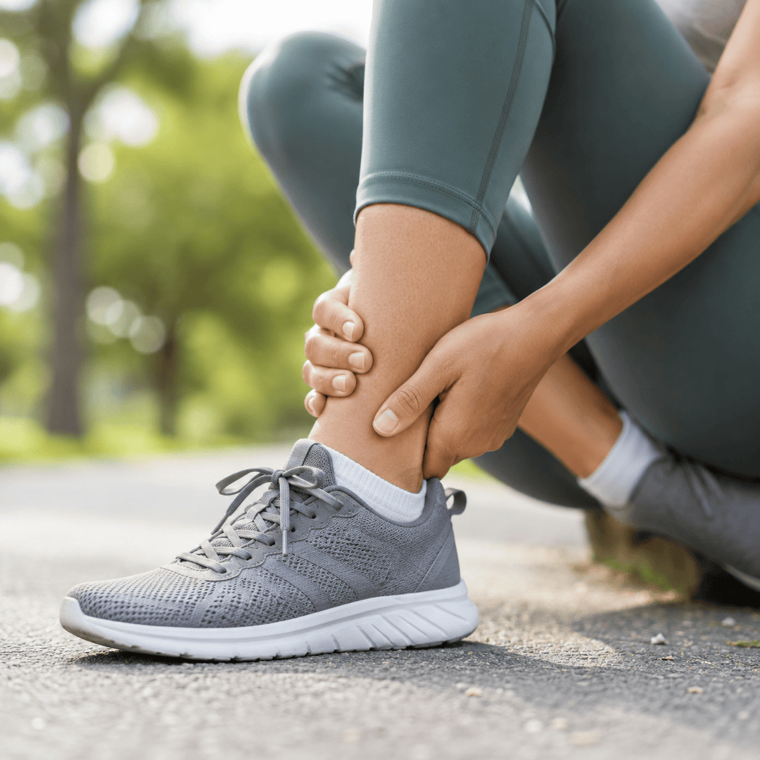 A close-up lifestyle shot of a person in gray athletic leggings and a gray running shoe holding their lower leg in pain on an outdoor paved path with a blurred green park background. The foot care shop collection image for ankle braces
