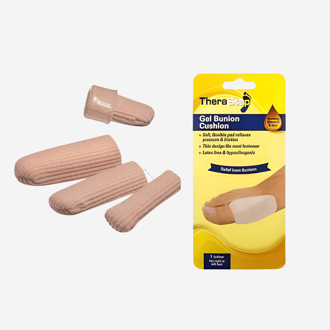 Four beige ribbed gel toe cushions displayed next to a gel bunion protector. The Foot Care Shop Collection image