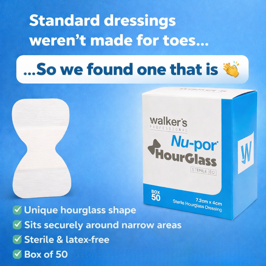 Walkers Wound Dressing Walker’s Nu-Por Sterile HourGlass Toe Dressing 7.2cm x 4cm – Box of 50