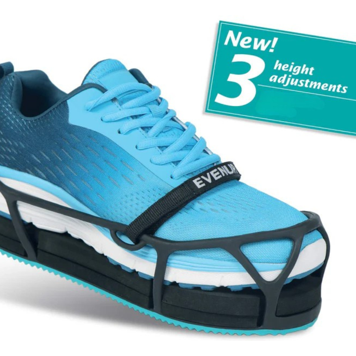 Blue shoe with height adjustment feature and 'EVENUP' branding on a white background