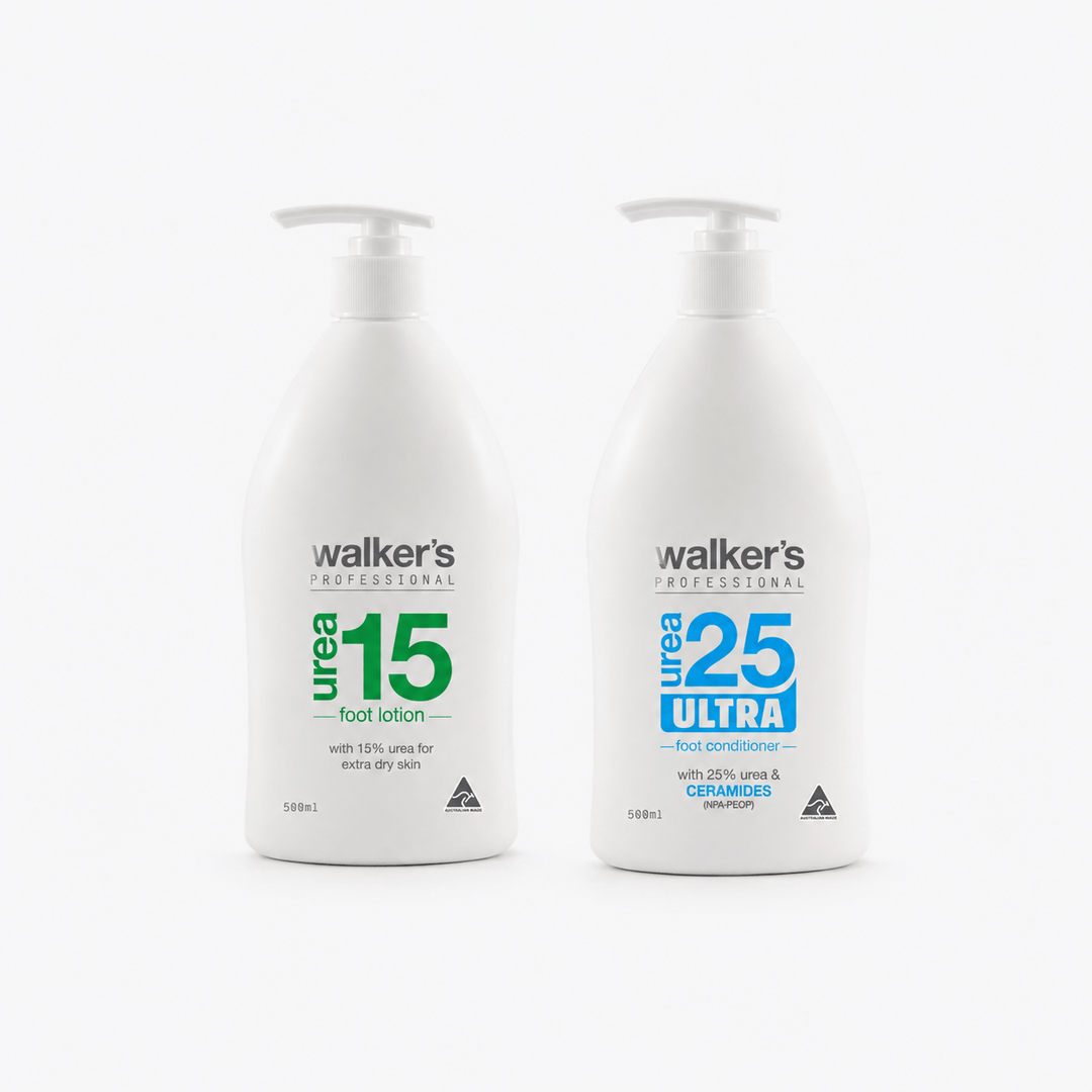 Two white pump bottles of Walker's Professional foot care products on a clean white background: urea 15 foot lotion and urea 25 ultra foot conditioner. The Foot Care Shop