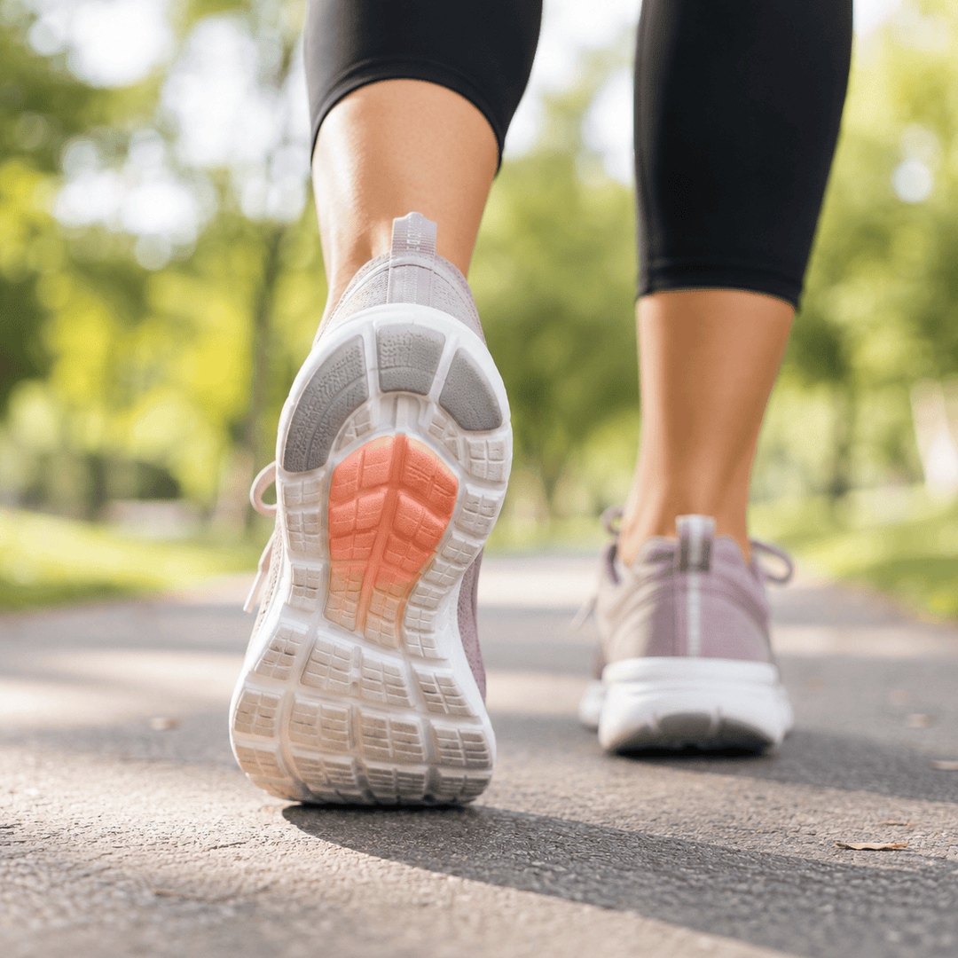 A close-up rear view of a person walking on a paved path in a park, wearing light pink running shoes with white soles and a coral-orange accent on the outsole, paired with black leggings.