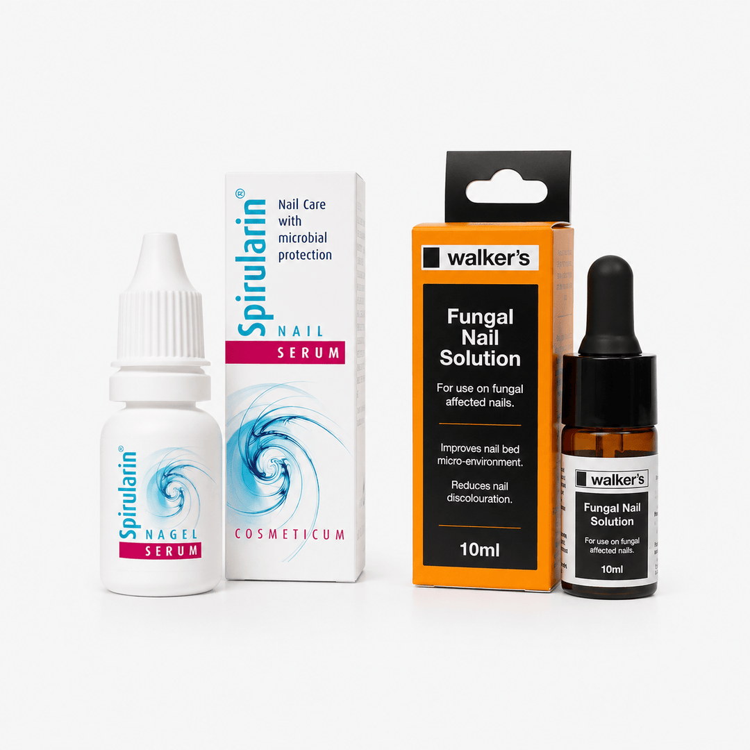 Two nail care products on a white background: a white Spirularin nail serum bottle with its white box, and a Walker's Fungal Nail Solution amber glass bottle with its orange-and-black box.