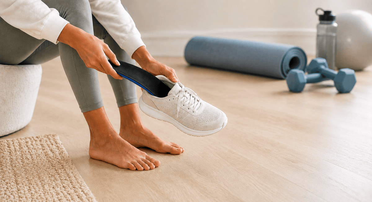 A person sitting on a cushion in a home gym setting, holding a blue athletic shoe insert in their hands and placing it into a white knit sneaker. 
