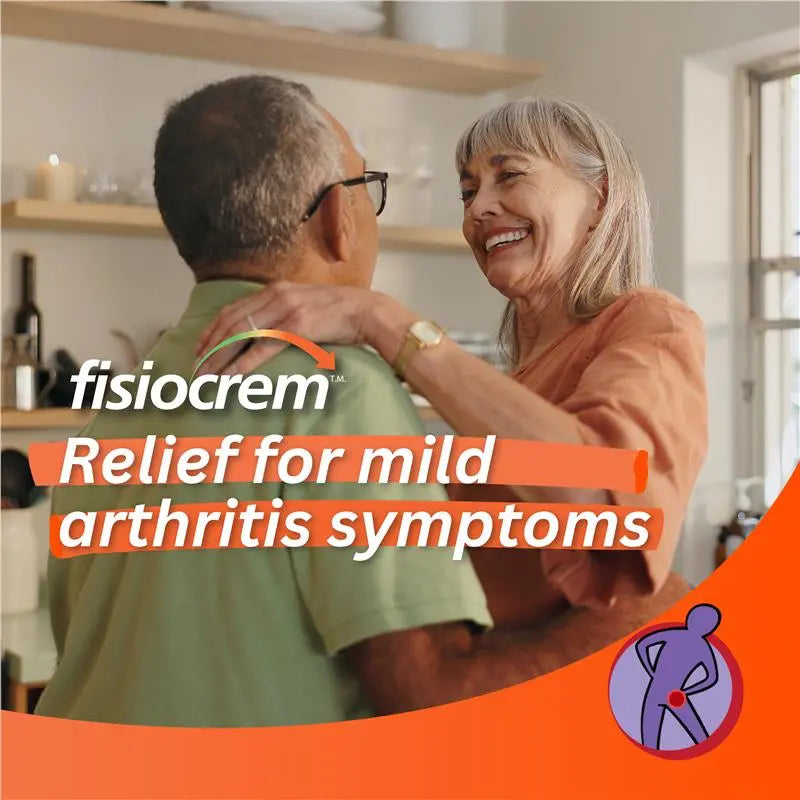 Two people embracing in a kitchen with 'fisiocrem joint ease' text about arthritis relief.