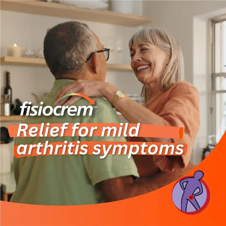 Two people embracing in a kitchen with 'fisiocrem joint ease' text about arthritis relief.