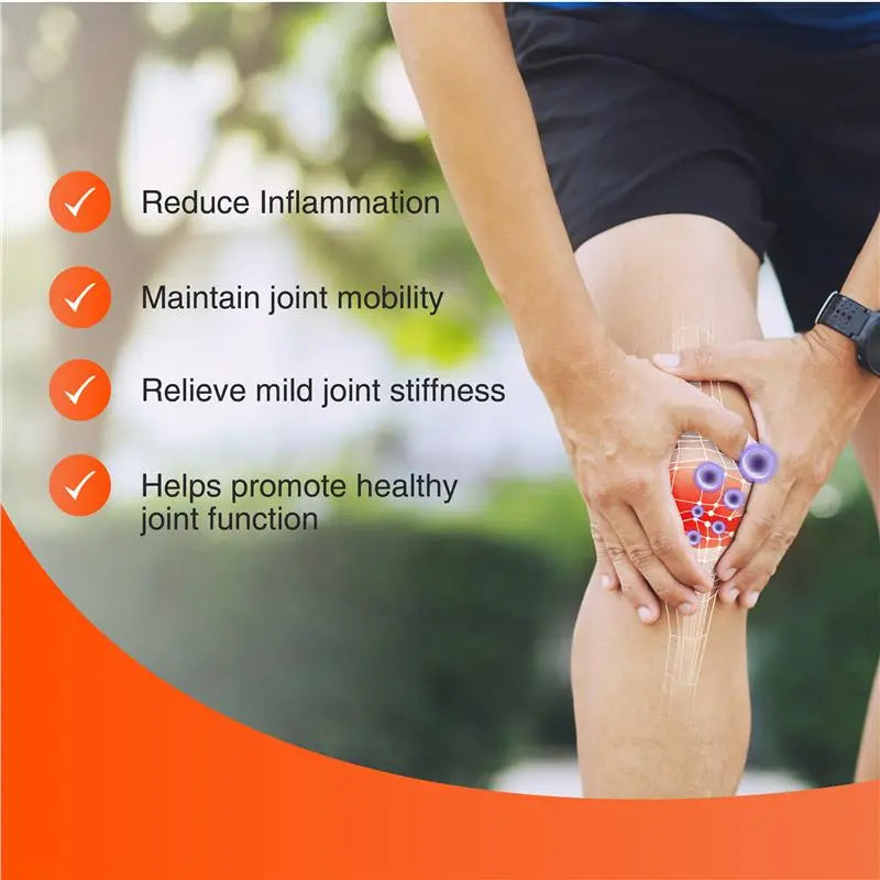 Person holding knee with text illustrating the benefits of fisiocrem joint ease