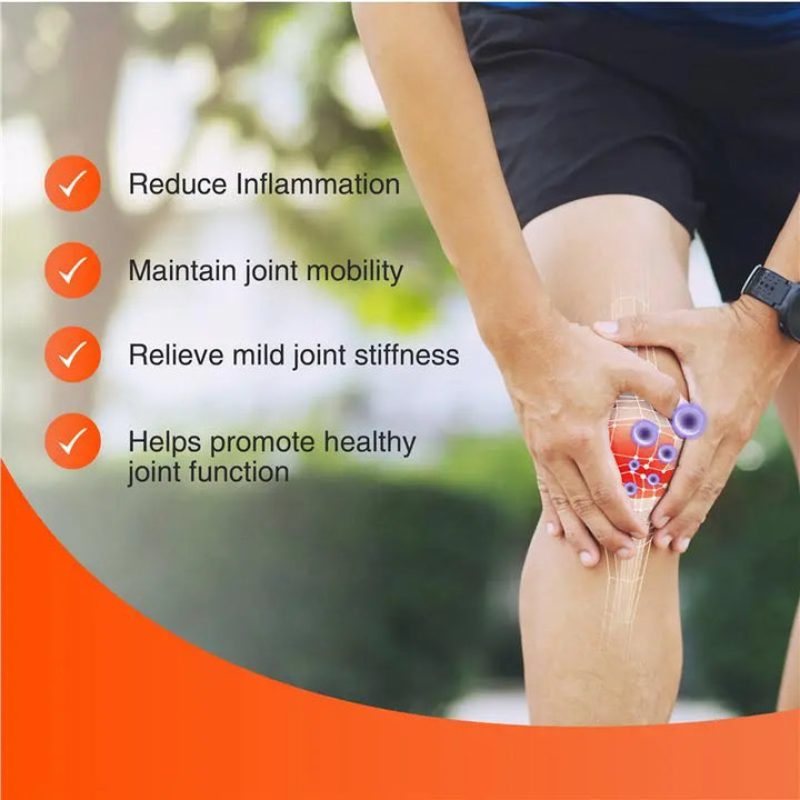 Person holding knee with text illustrating the benefits of fisiocrem joint ease