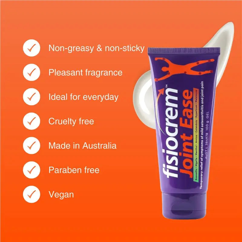 Fisiocrem Joint Ease tube with product features on an orange background