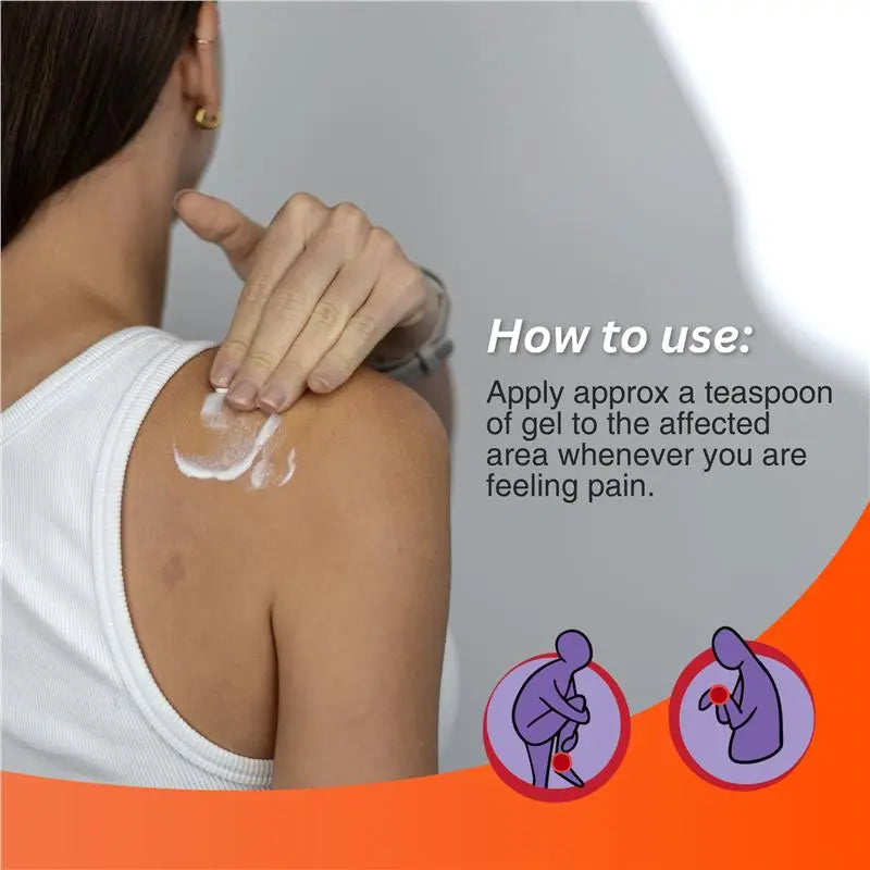 Person applying fisiocrem joint ease gel to their shoulder with text on how to use it.