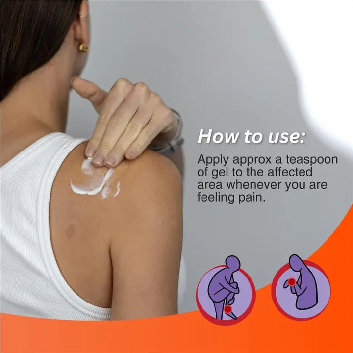 Person applying fisiocrem joint ease gel to their shoulder with text on how to use it.