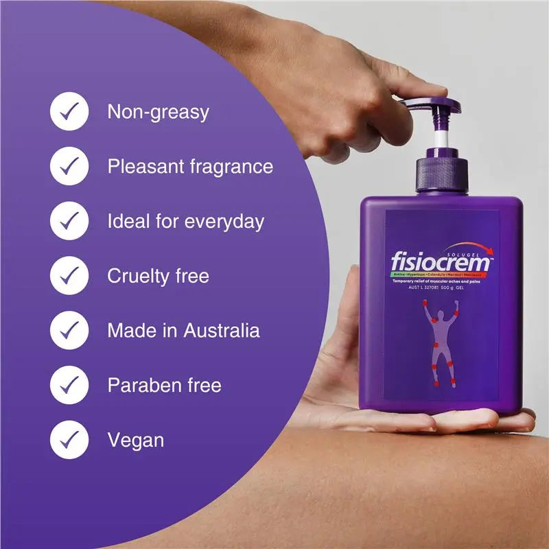Purple bottle of Fisiocrem with a hand holding it, and features listed on a purple background.