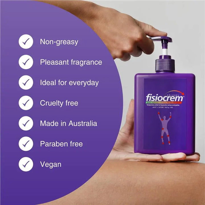 Purple bottle of Fisiocrem with a hand holding it, and features listed on a purple background.