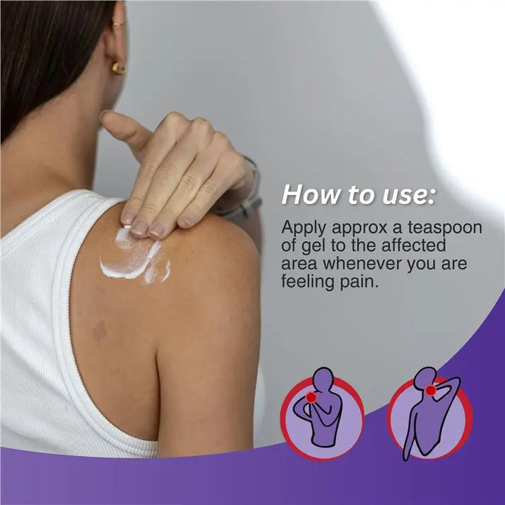 Person applying fisiocrem gel to their shoulder with text on how to use it.