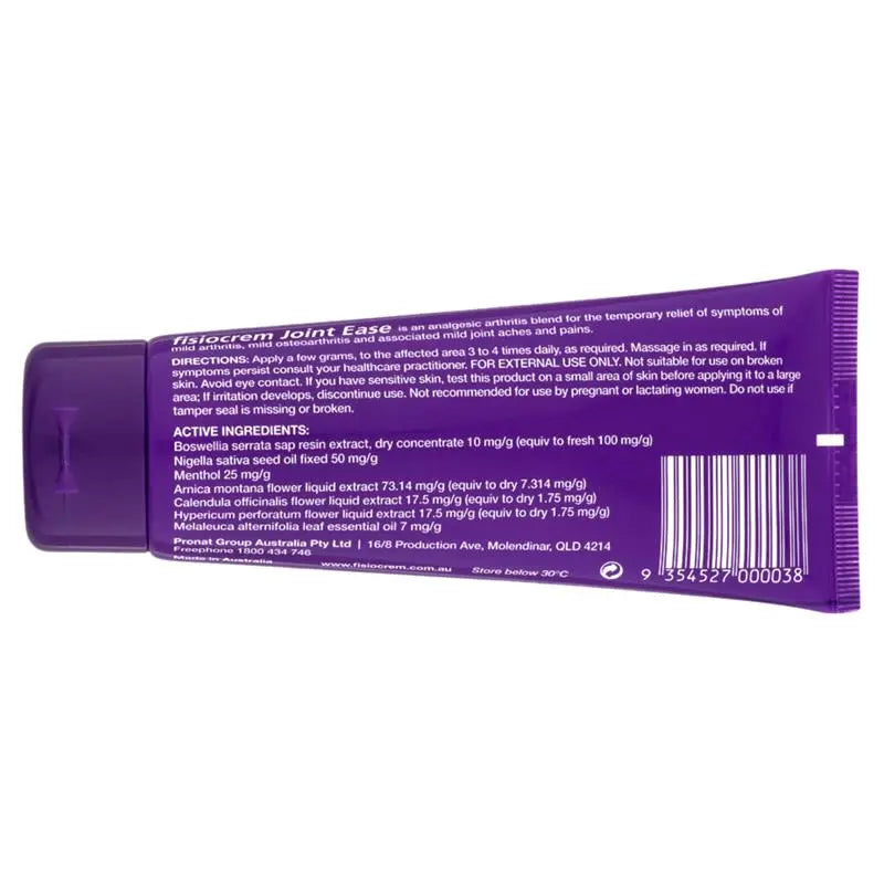 Purple tube of Fisiocrem Joint Ease with text and bar code on a white background