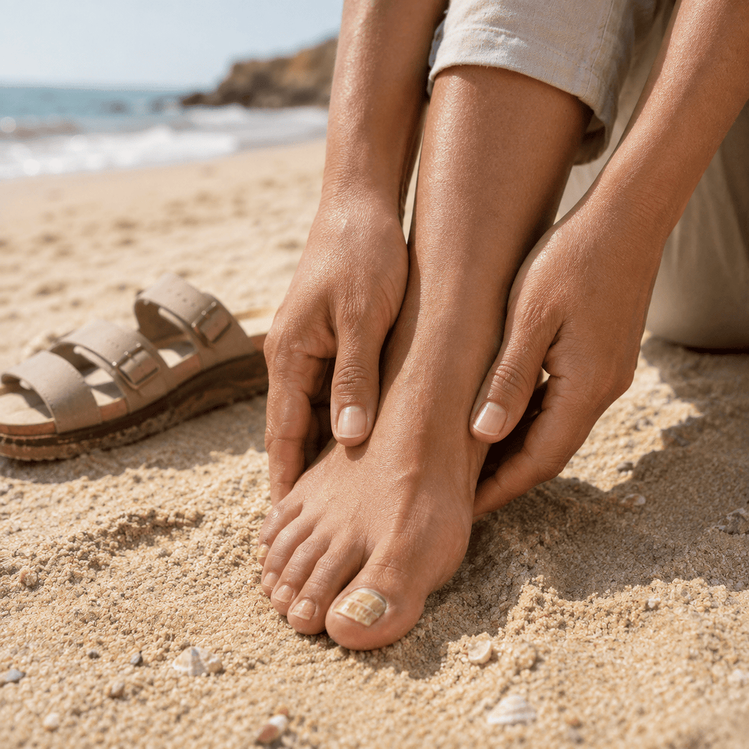 A close-up lifestyle shot of a person sitting on a sandy beach, holding and massaging their foot. A beige double-strap sandal is resting on the sand nearby, with the ocean and rocks blurred in the background.