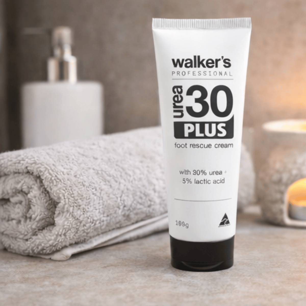 Walkers Foot Cream Walkers Urea 30 Plus Foot Rescue Cream on bathroom counter