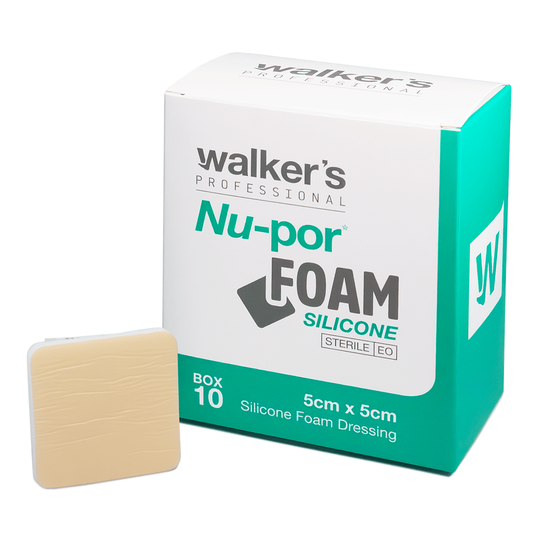 Walkers Wound Care > Wound Dressings > Silicone Foam Dressings Walker’s Nu-Por Foam Silicone Dressing 5cm x 5cm – Box of 10