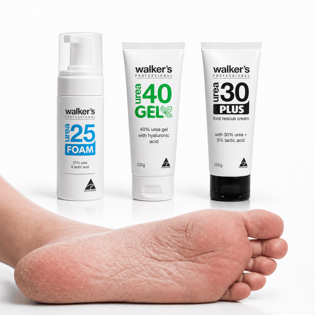 Three bottles of Walker's foot care products with a foot showing dry skin on a white background.